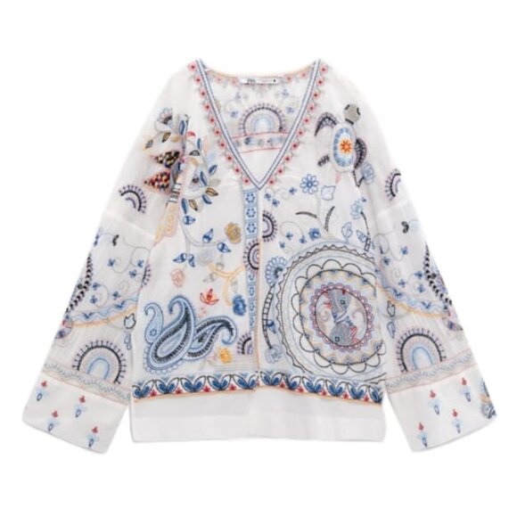 Zara Tops - NWT ZARA EMBROIDERED BL Extra Xs XS BlOUSE OYSTER WHITE | 5107/241